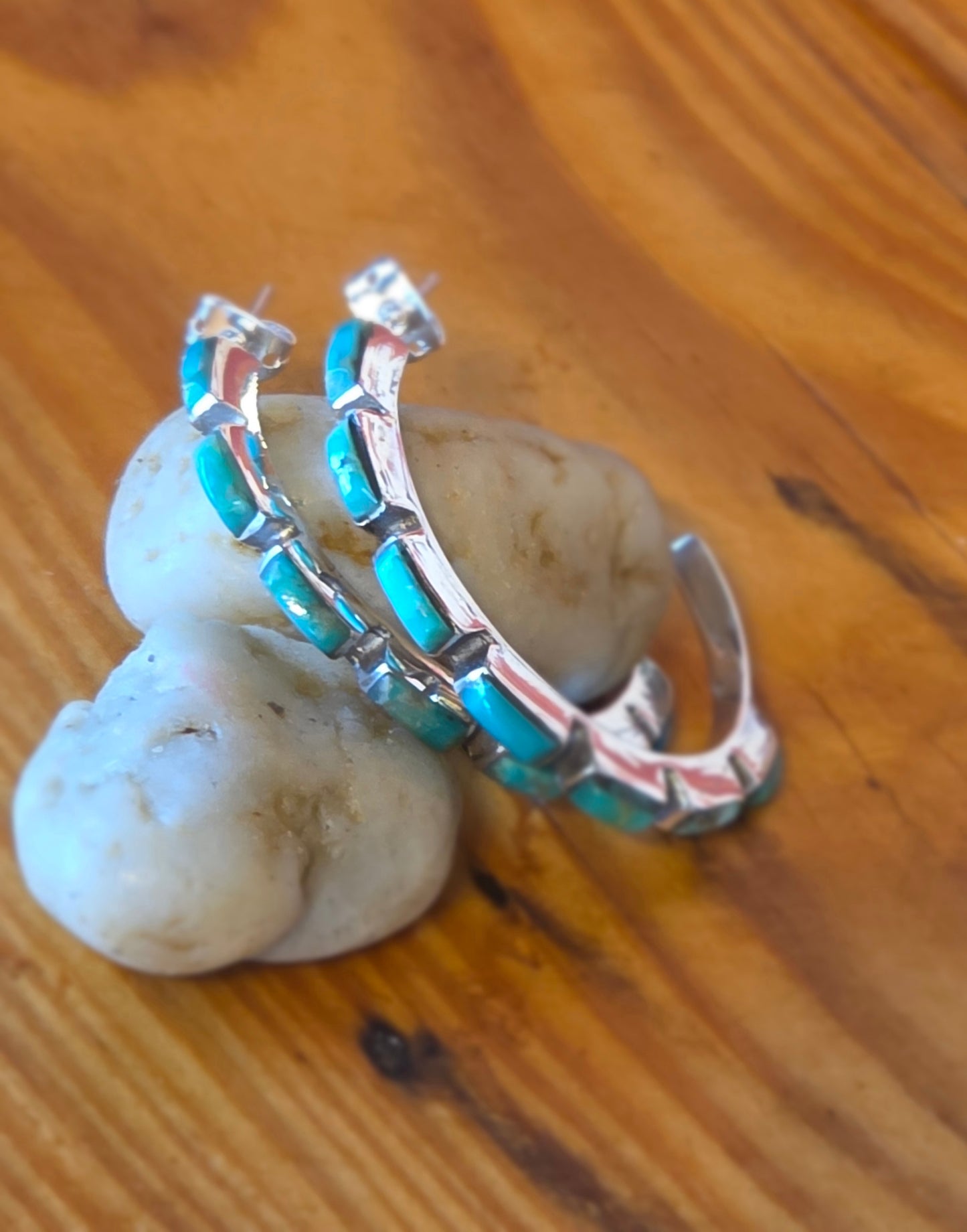 Turquoise Chicklet Hoop Post Earrings - T1462