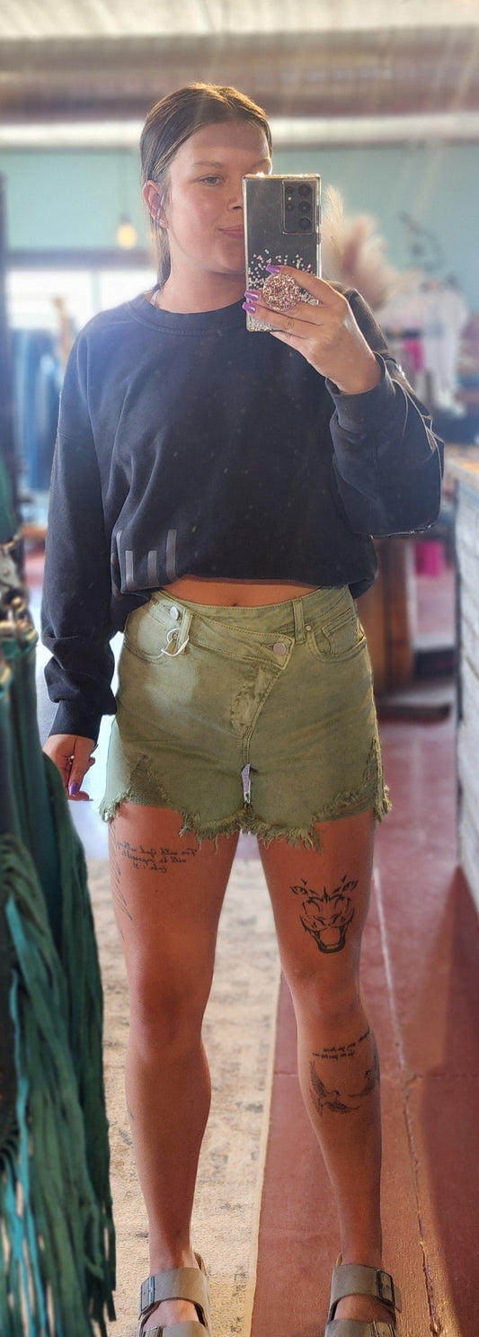 Ashley Asymmetrical Distressed Shorts - Olive Green