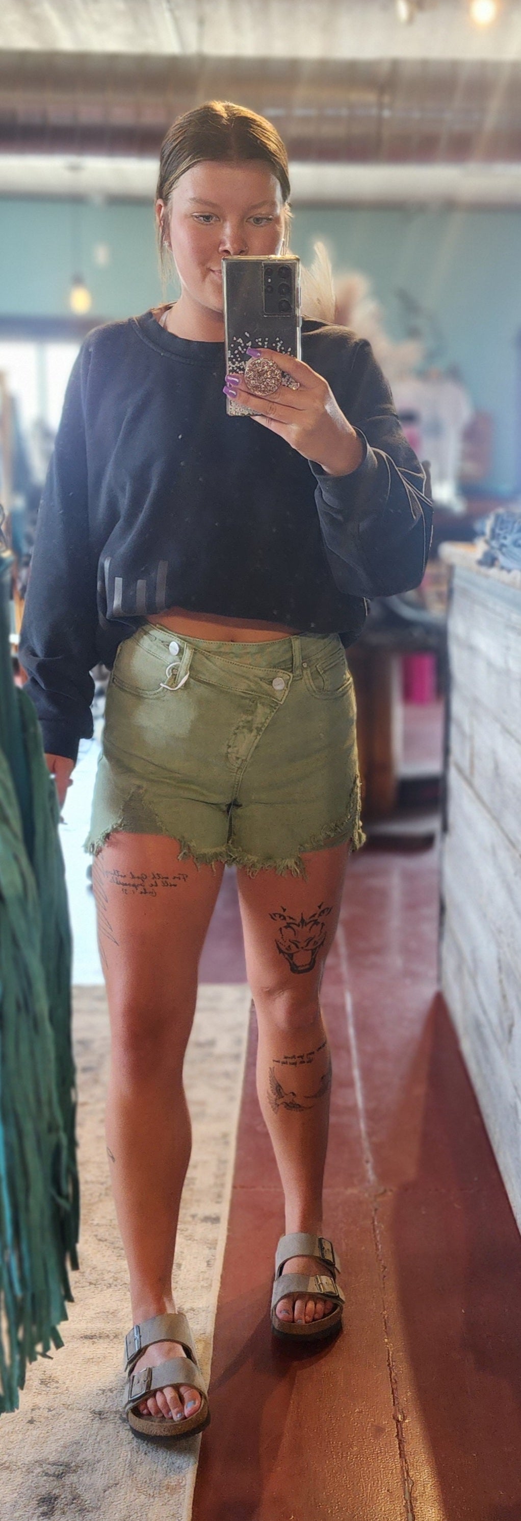 Ashley Asymmetrical Distressed Shorts - Olive Green