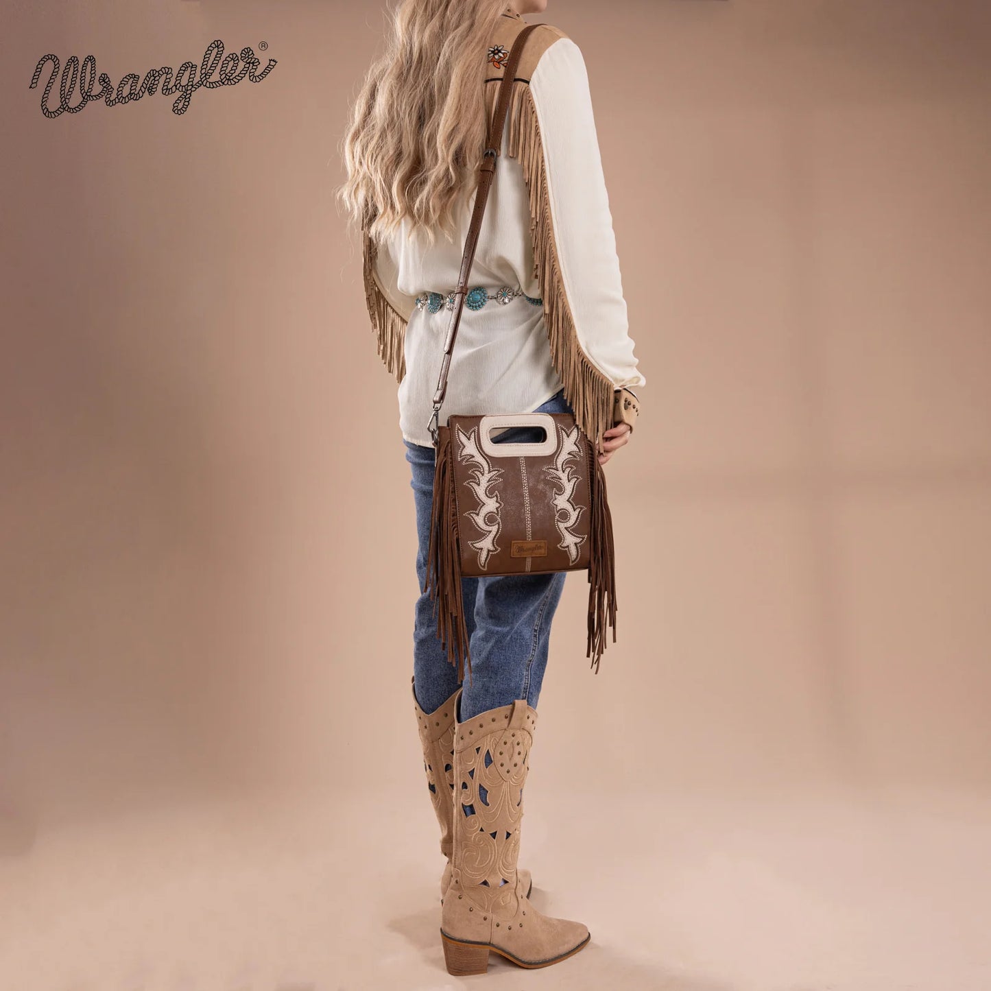 Wrangler Top Handle Boot Scroll Fringe Tote/Crossbody - Coffee