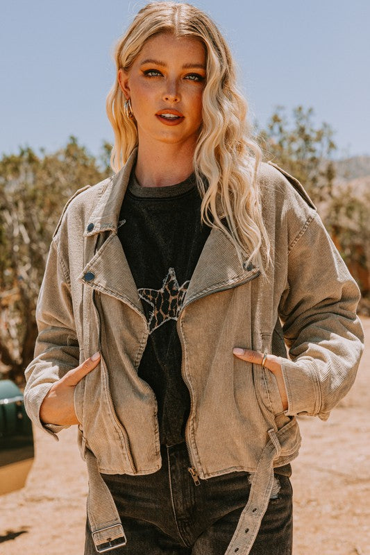 Plus Washed Corduroy Biker Jacket