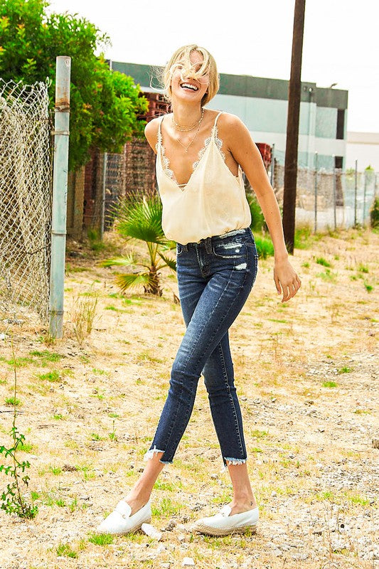 Maren Mid Rise Distressed Uneven Frayed Hem Crop Skinny