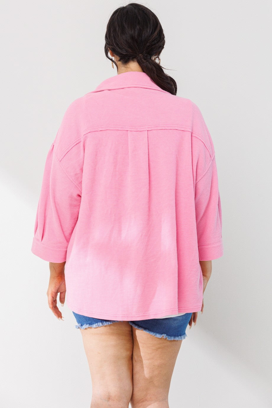 Plus Button Front Washed Waffle Jacket