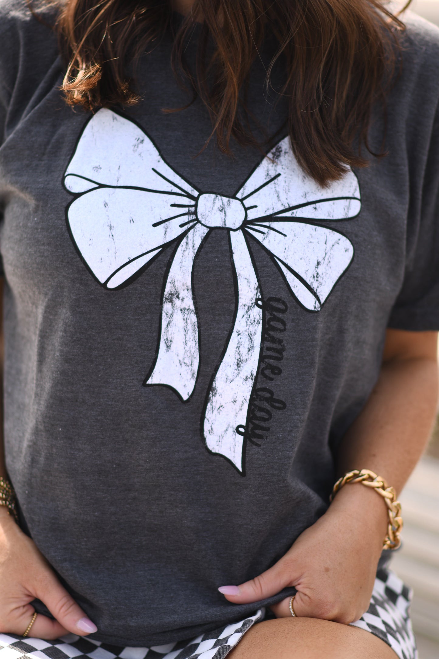 **SALE** RTS Heather Charcoal Game Day Bow Tee