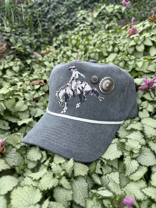 Vintage Bucking Horse Trucker Hat With Conchos: Gray