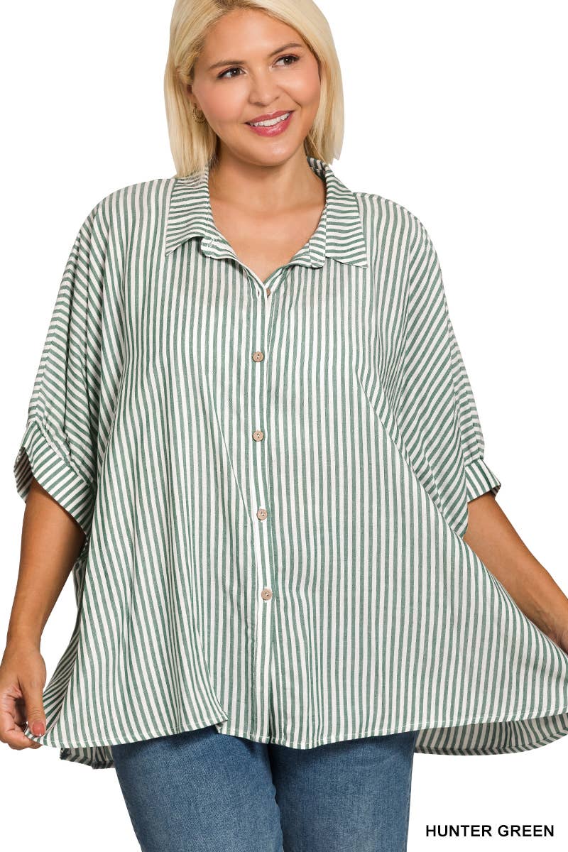 Vanilla Monkey - Plus Rayon Striped Short Sleeve Button Up Shirt: MOCHA / 3-3 (1XL/2XL-2XL/3XL)