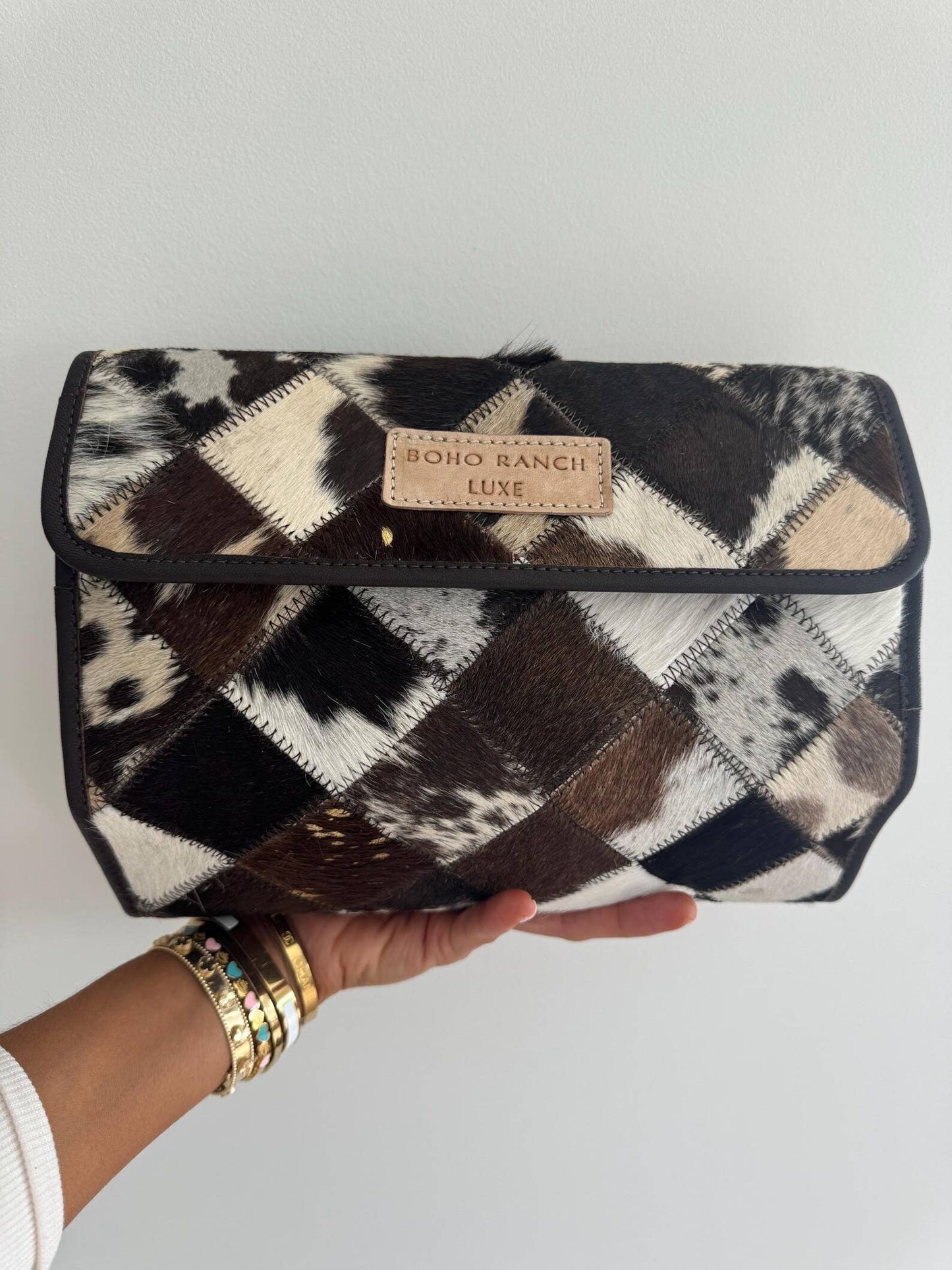 BOHO LUXE FOLDABLE travel makeup jewelry bag Genuine Cowhide: BROWN + WHITE