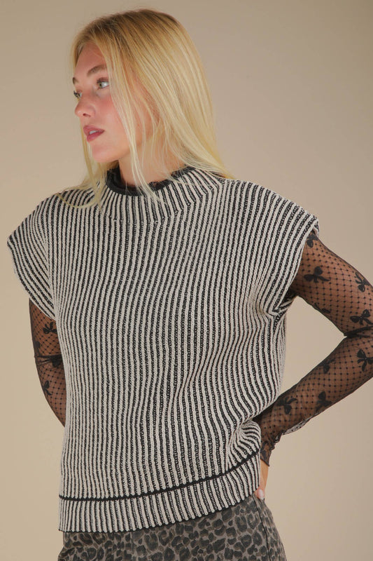 Black Two Tone Ribbed Knit Sweater Vest