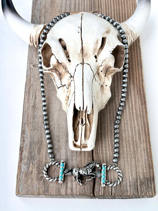 Western Style Navajo Pearl Bead Horse Bit Pendant Necklace: Turquoise