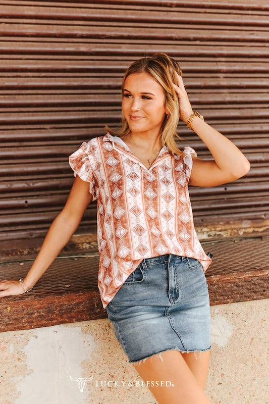 Rust Aztec Short Sleeve V-Neck Ruffle Sleeve Top
