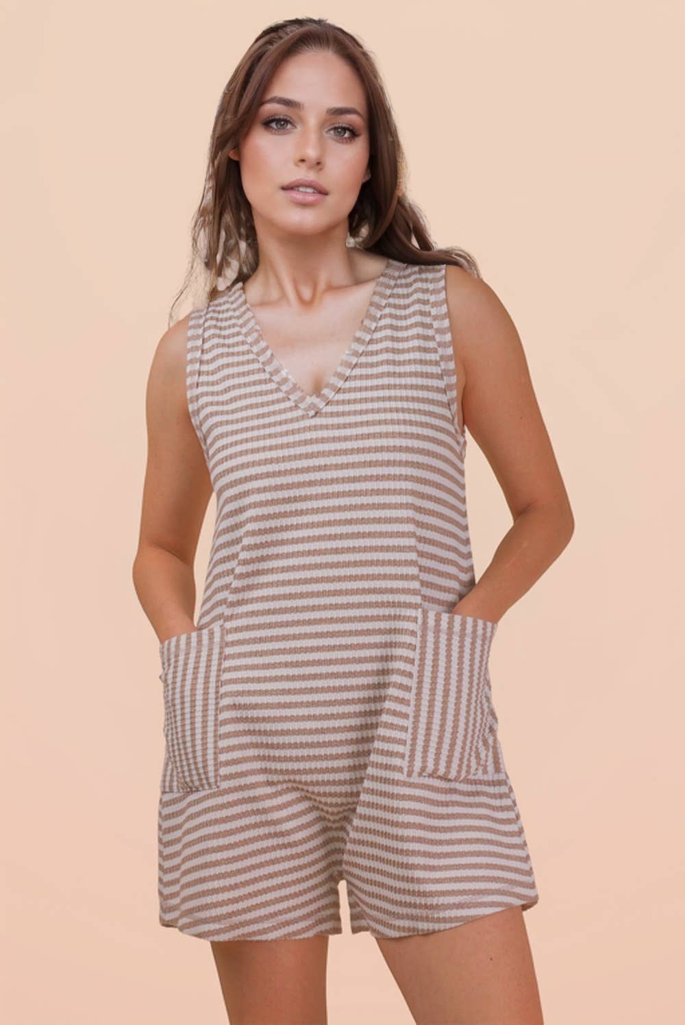 VERY J - NP70744-Striped Knit Casual Comfy Romper: OAT/BLACK / S-M-L/2-2-2