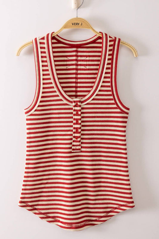 Red/White Striped Button Knit Tank