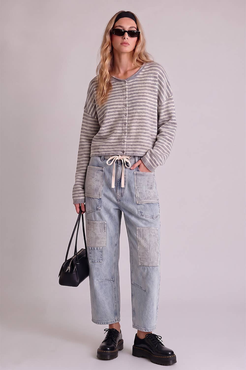 VERY J - VJP90097-VERY JEAN Patch Detail Washed Denim Barrel Jeans: LT INDIGO / 27-28-29-30-31/1-2-2-2-1