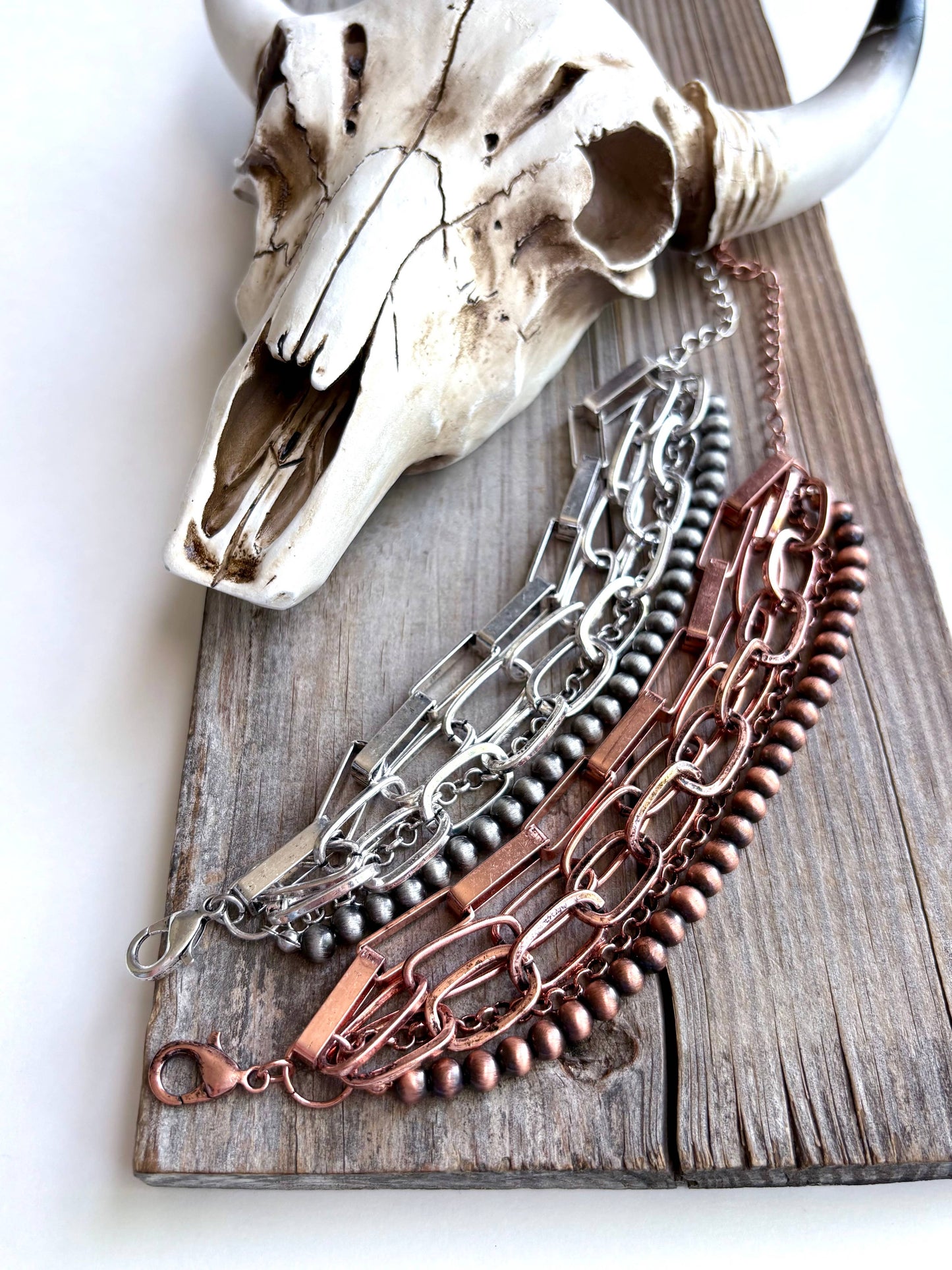 5 Layered Western Chunky Chain & Navajo Style Pearl Bracelet: Silver
