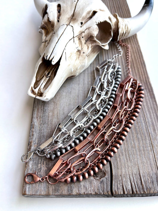 5 Layered Western Chunky Chain & Navajo Style Pearl Bracelet: Silver