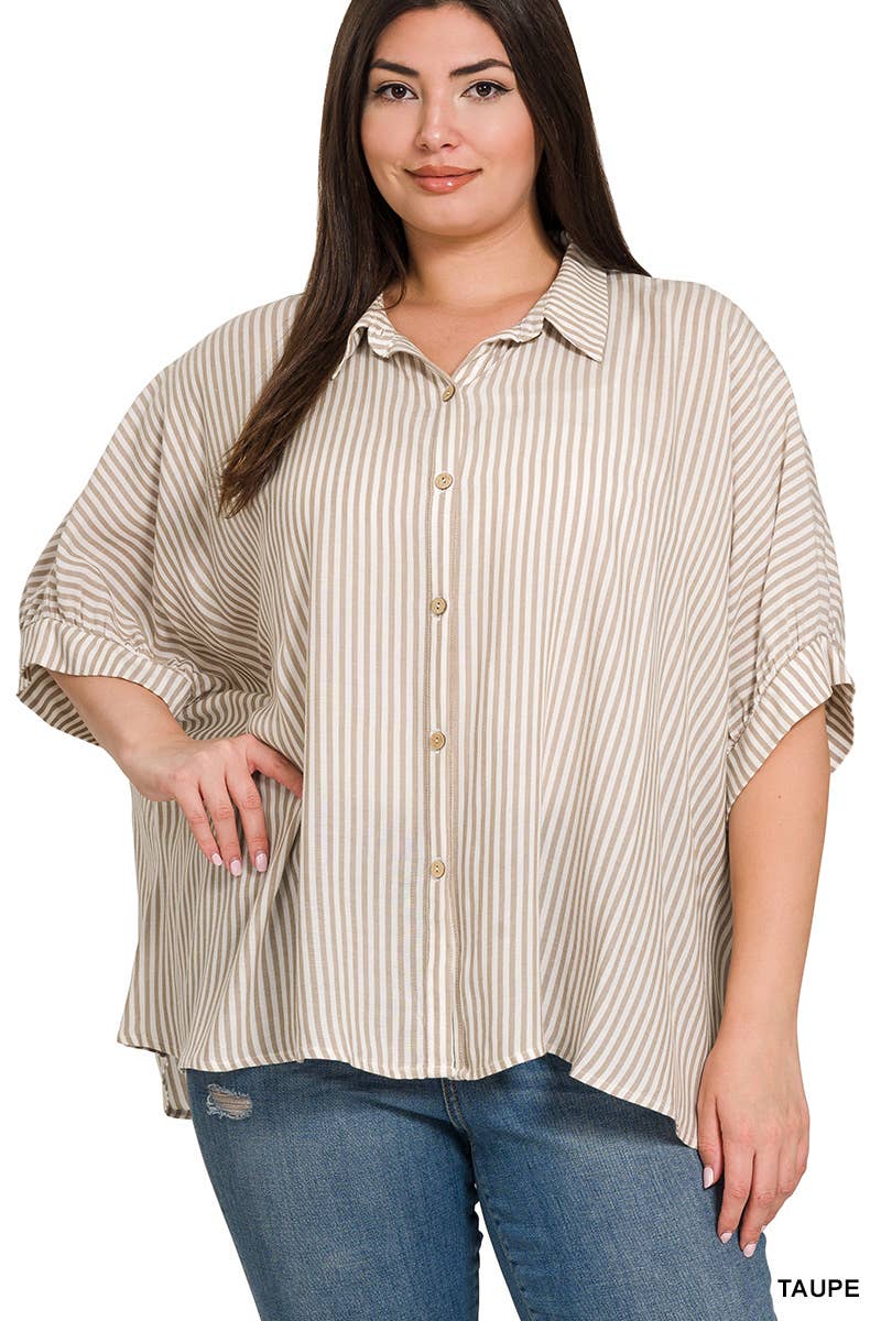Vanilla Monkey - Plus Rayon Striped Short Sleeve Button Up Shirt: MOCHA / 3-3 (1XL/2XL-2XL/3XL)