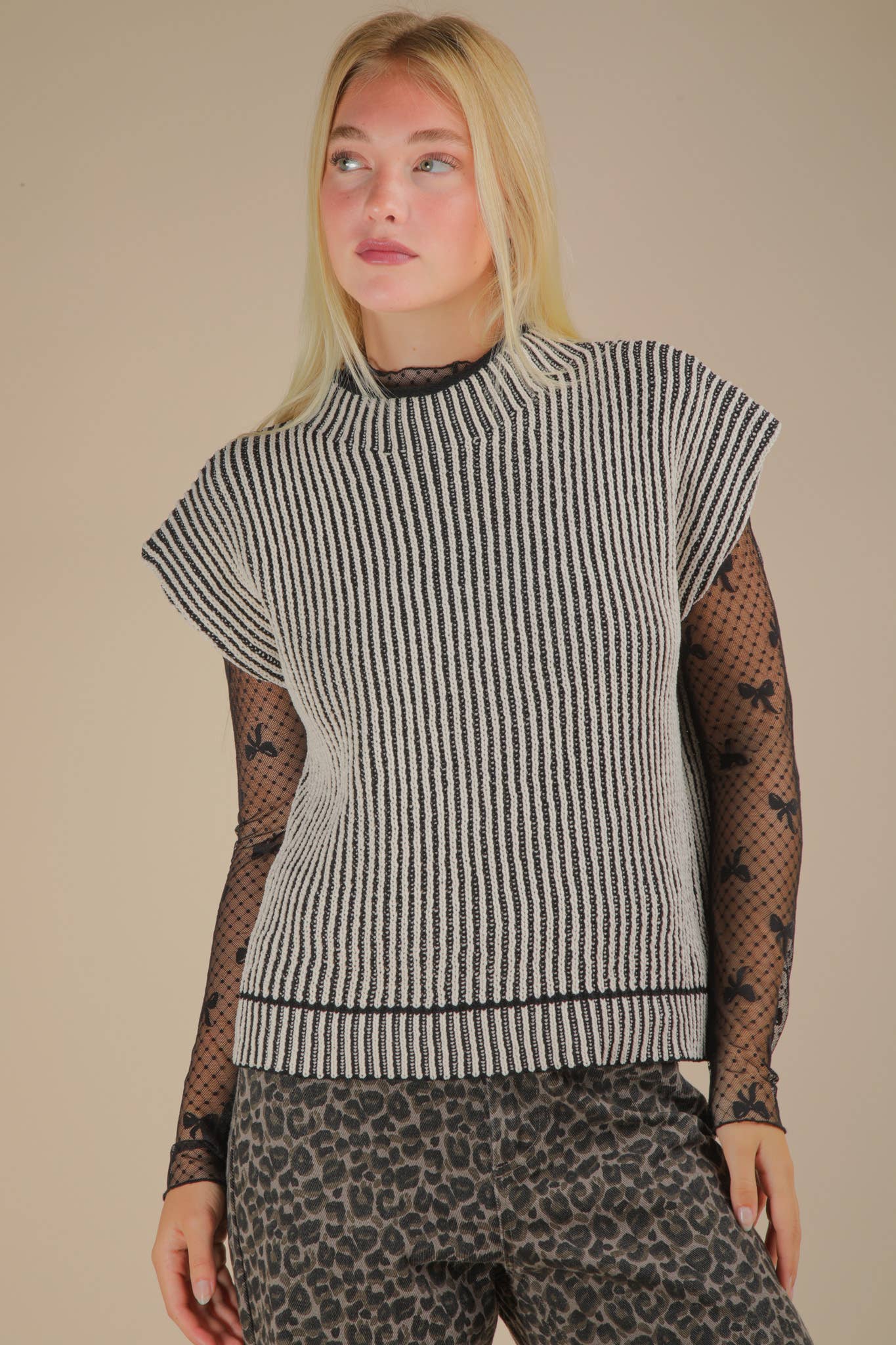 Black Two Tone Ribbed Knit Sweater Vest