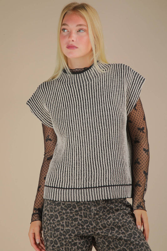 Black Two Tone Ribbed Knit Sweater Vest