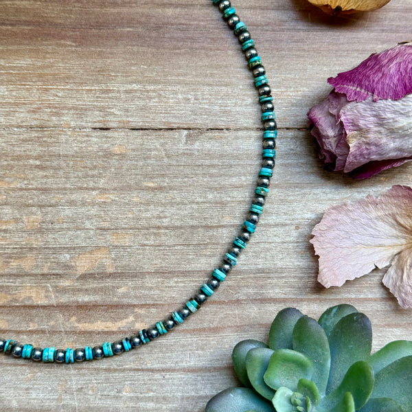 14” Turquoise Heishi Choker – Sterling Silver Pearls