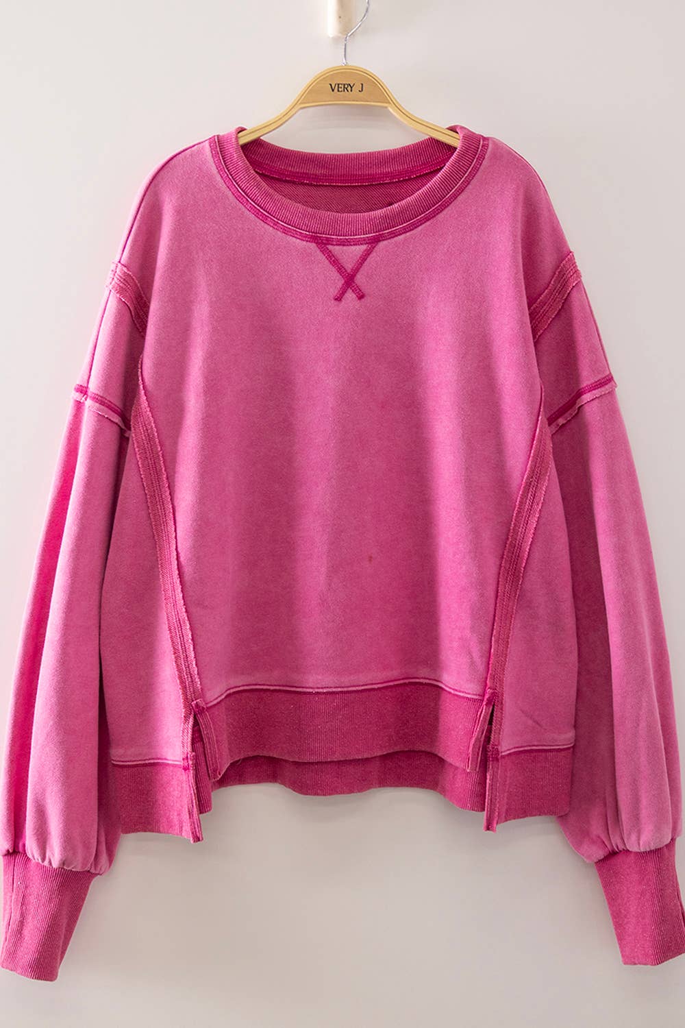 VERY J - NT12764X-PLUS SIZE Vintage Washed Sweatshirt: BLACK / 1XL-2XL-3XL/3-2-1