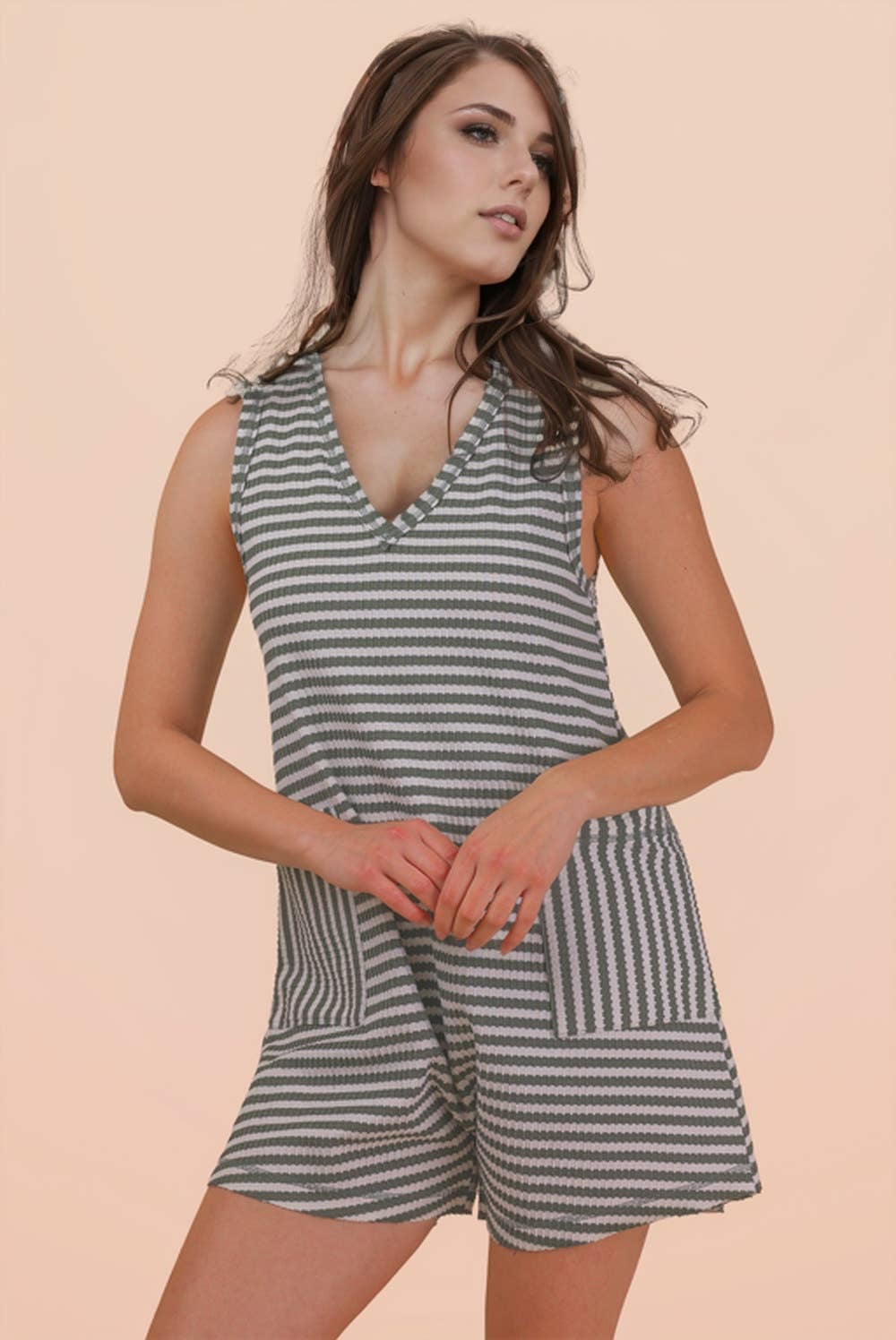 VERY J - NP70744-Striped Knit Casual Comfy Romper: OAT/BLACK / S-M-L/2-2-2