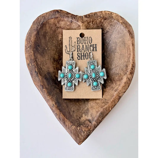Western Style Aztec Cross Turquoise Stone Dangle Earrings: TURQUOISE STONE