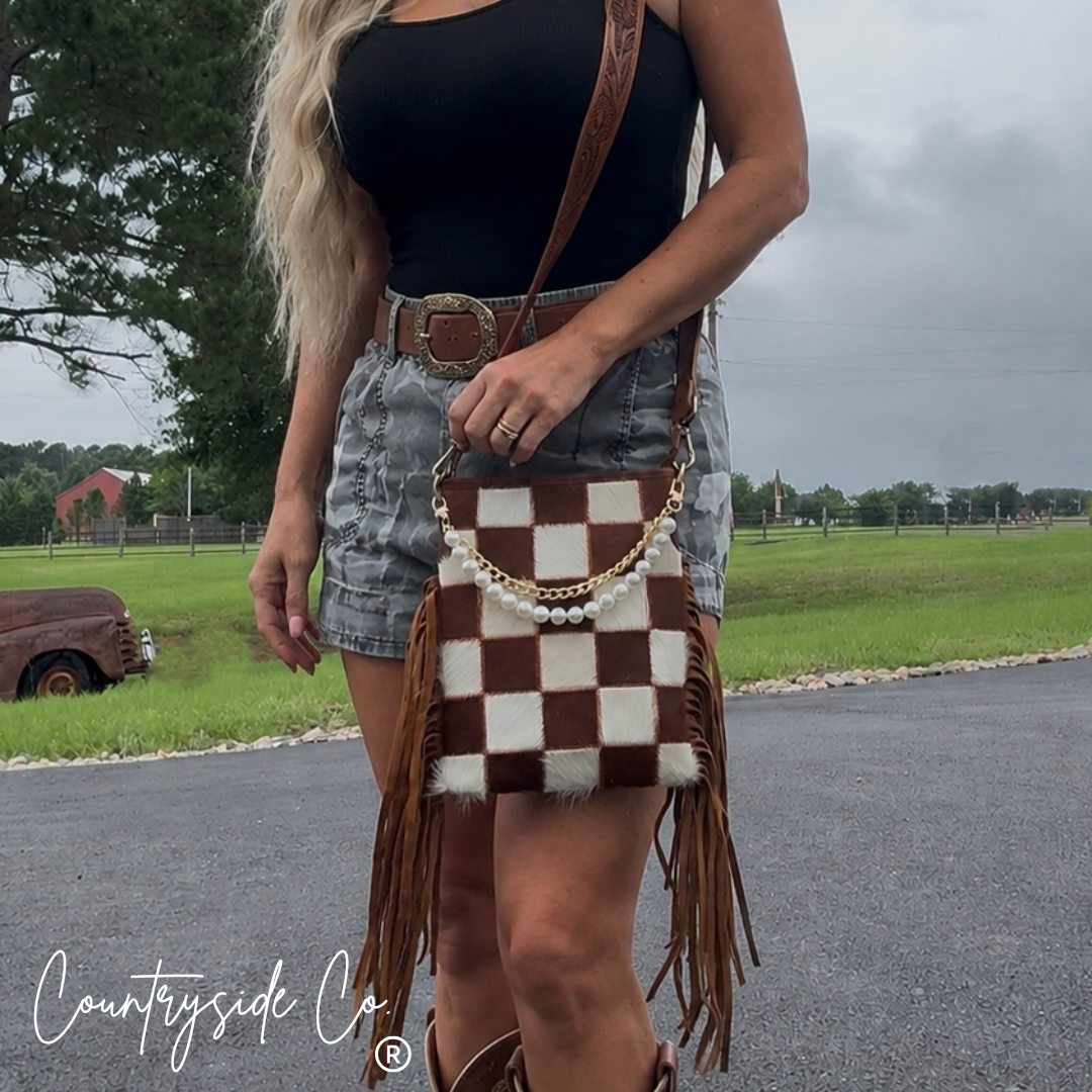Countryside Co. - Whiskey Luxe Checkered Cowhide Fringe Purse