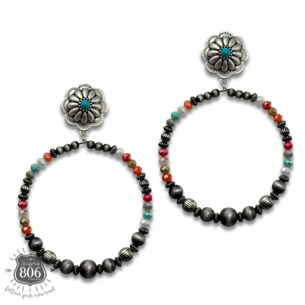 Burnished and crystal bead circle earring - LC: Turquoise