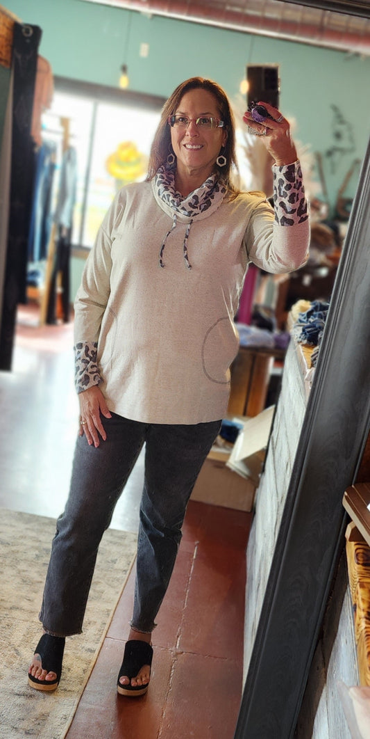 Oatmeal Cowl Neck Leopard Print Tunic