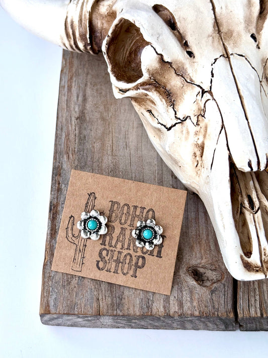 Western Flower with Stone Stud Earrings: Turquoise
