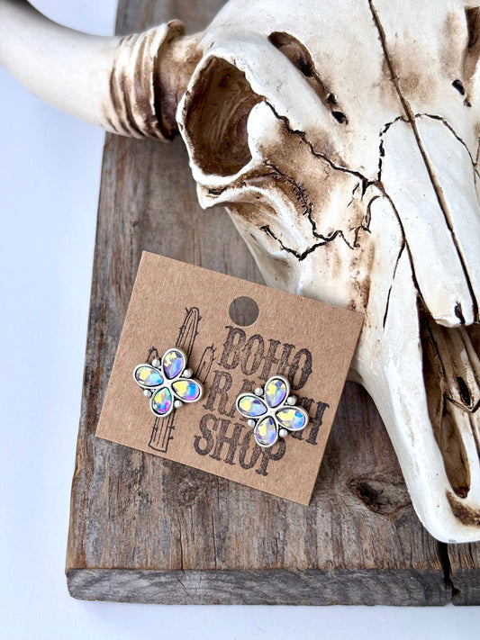 Western Stone Clover Stud Earrings: AB Clear