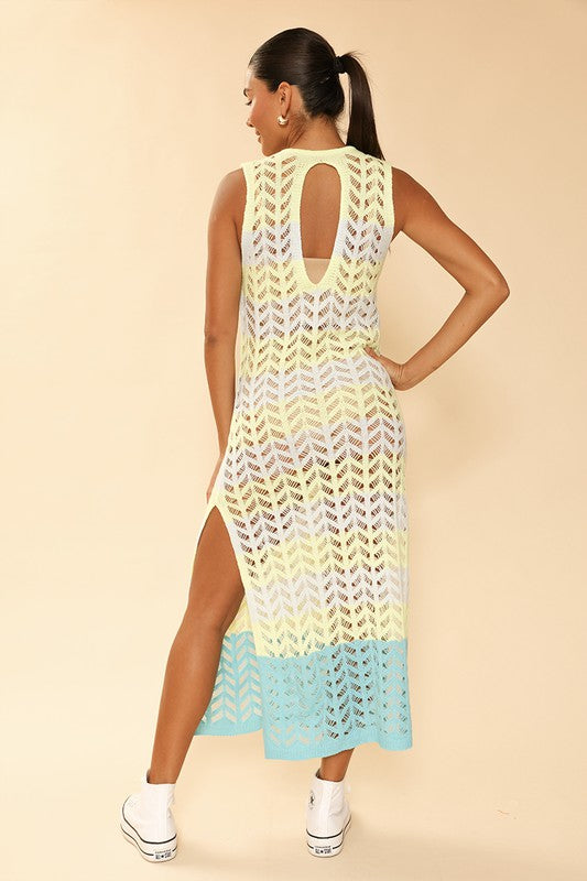 Miss Sparkling Open knit color block cover up