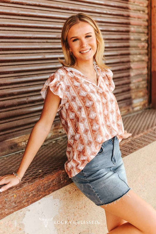 Rust Aztec Short Sleeve V-Neck Ruffle Sleeve Top