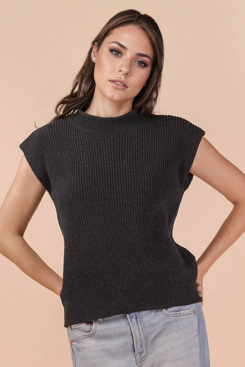 VERY J - 12W3112N-Oversized Soft Knit Sweater Vest Top: ECRU / S-M-L/2-2-2