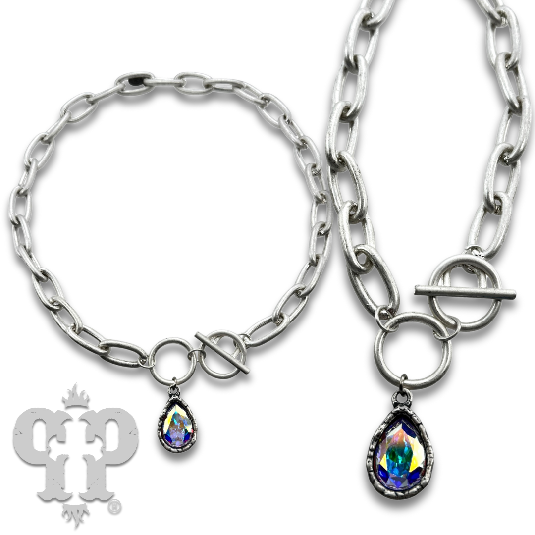 Austrian crystal teardrop chain necklace: Silver