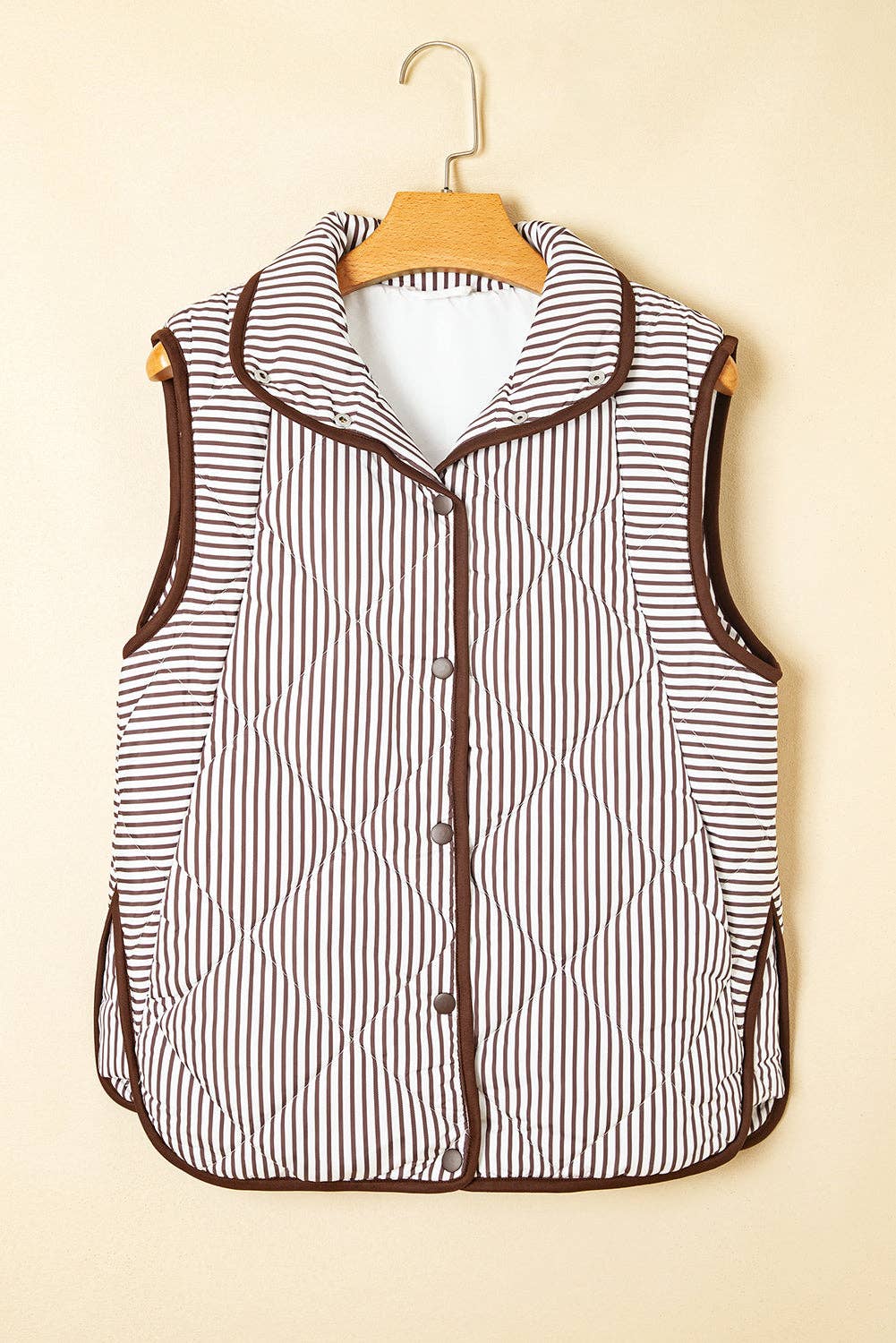 PRETTY BASH - Stripe Contrast Trim Snap Button Collared Vest: Brown Stripe / S