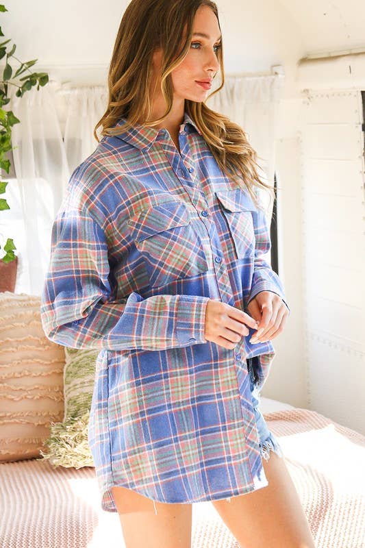 Vine & Love - Collared Pocket Detail Roll-Up Sleeve Plaid Shirt VT70146E: Coral / M