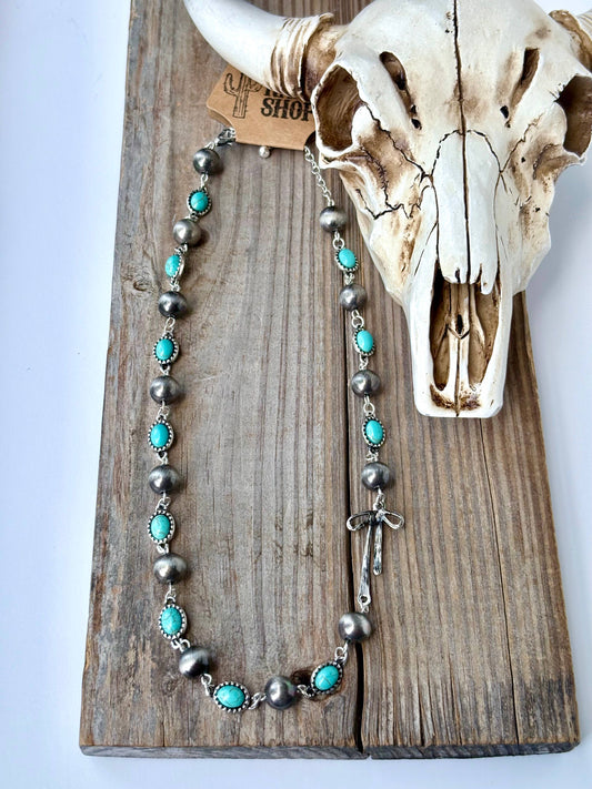 Navajo Style Pearl Stone Coquette Bow Necklace: Turquoise