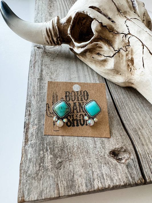 Diamond Shape Stone Stud Earrings: TURQUOISE/ BROWN