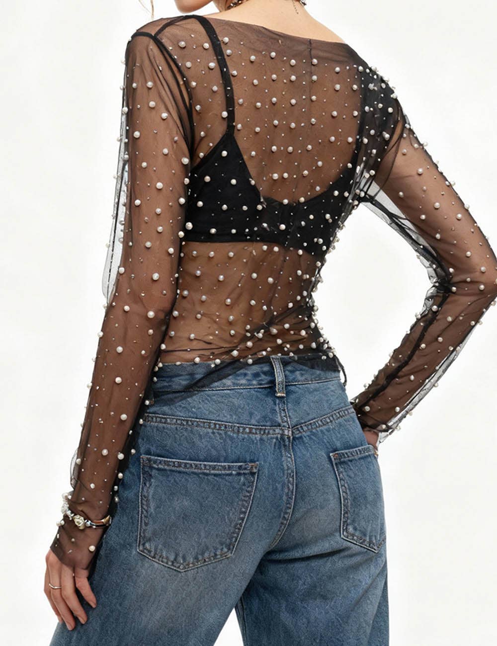 Pearl Rhinestone Studded Mesh Crop Top