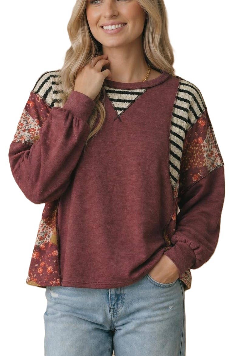 Vanilla Monkey - Round Neck Oversized Color Block Knit Top: BURGUNDY / 2-2-2(S-M-L)