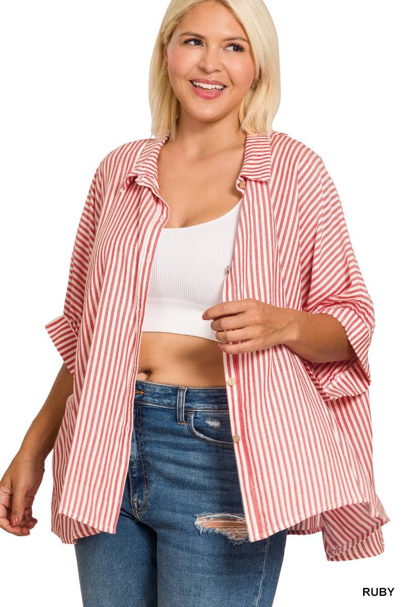 Vanilla Monkey - Plus Rayon Striped Short Sleeve Button Up Shirt: MOCHA / 3-3 (1XL/2XL-2XL/3XL)