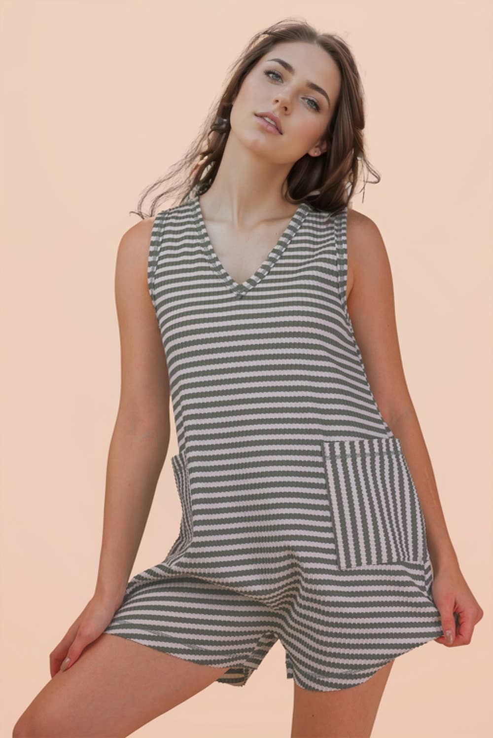 VERY J - NP70744-Striped Knit Casual Comfy Romper: OAT/BLACK / S-M-L/2-2-2