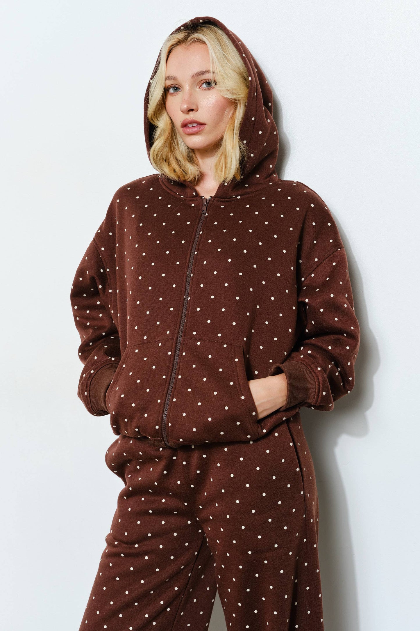 Brown Polkadot Zip Up Hoodie