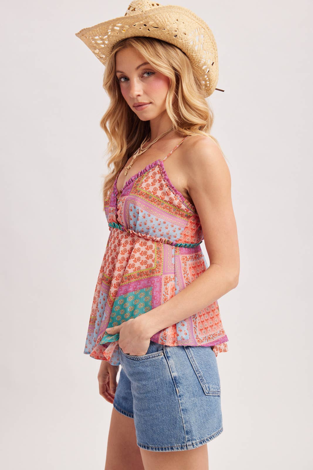 Bluivy - BOHO PATCHWORK PRINTE V-NECK TANK TOP: BLUE COMBO / M