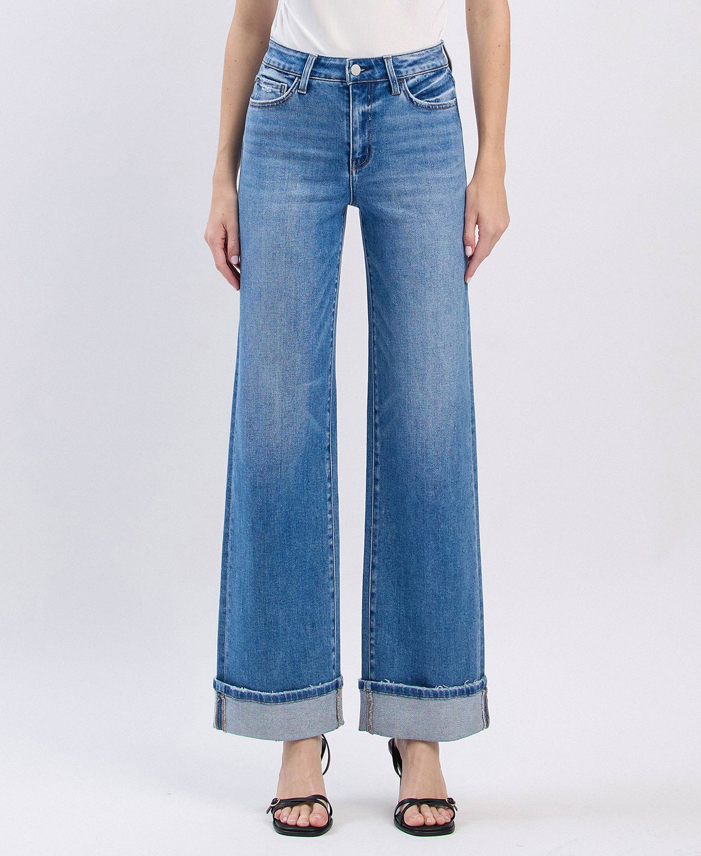 Westbury - High Rise Medium Wash Cuffed Wide Leg