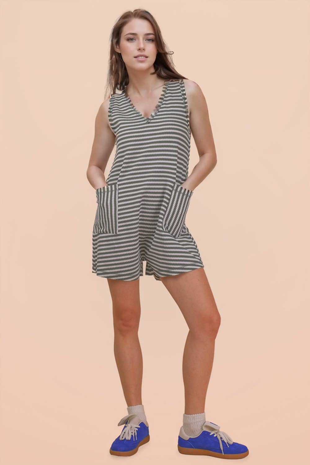 VERY J - NP70744-Striped Knit Casual Comfy Romper: OAT/BLACK / S-M-L/2-2-2