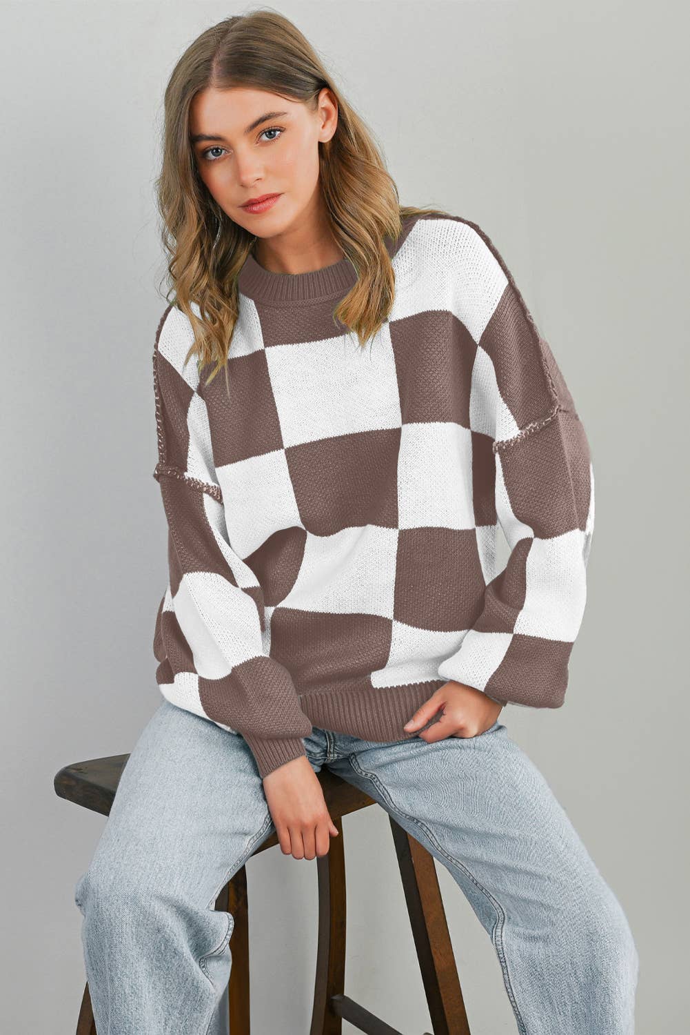 Chic Checkered Brown Sweater