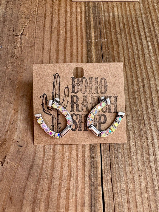 Horseshoe Stud Rhinestone Earrings: CLEAR - AB STONE