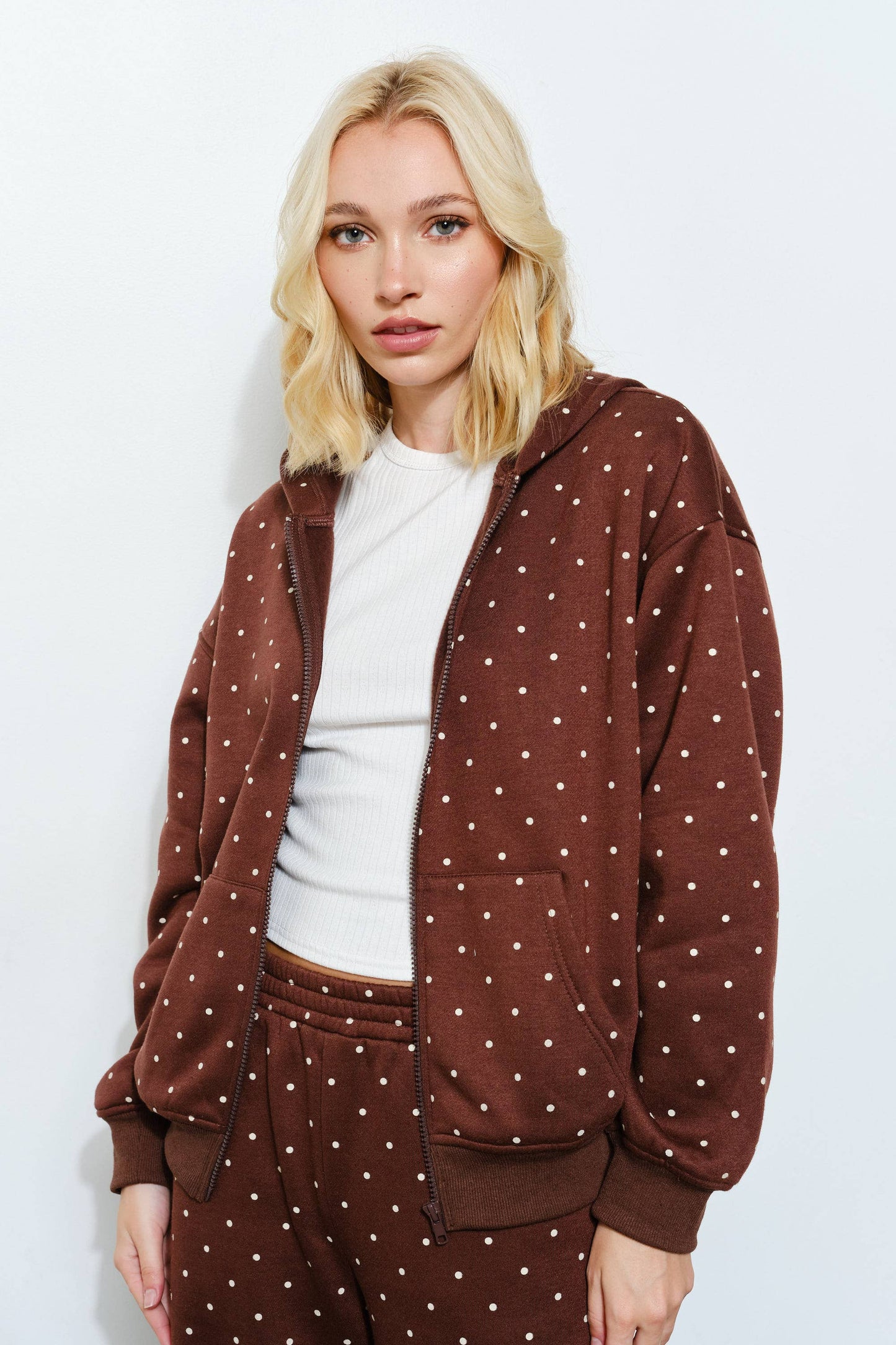 Brown Polkadot Zip Up Hoodie